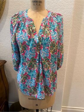 crown & ivy Tropical Leaf Print Blouse - Pink, Teal & Green